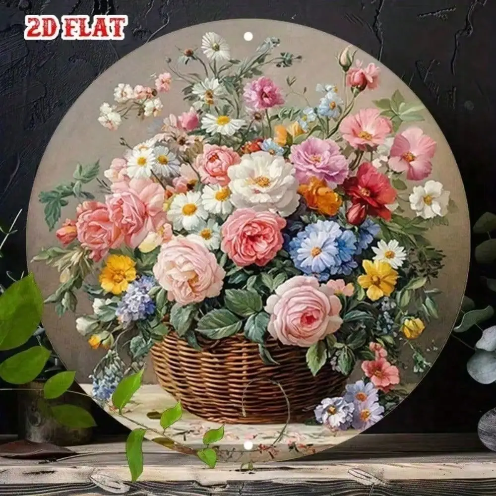 Oil Painting Woven Basket Mixed Rose Daisy Floral Round Metal Sign 20x20cm 2D Flat Farmhouse Kitchen Garden Wall Decor Gift