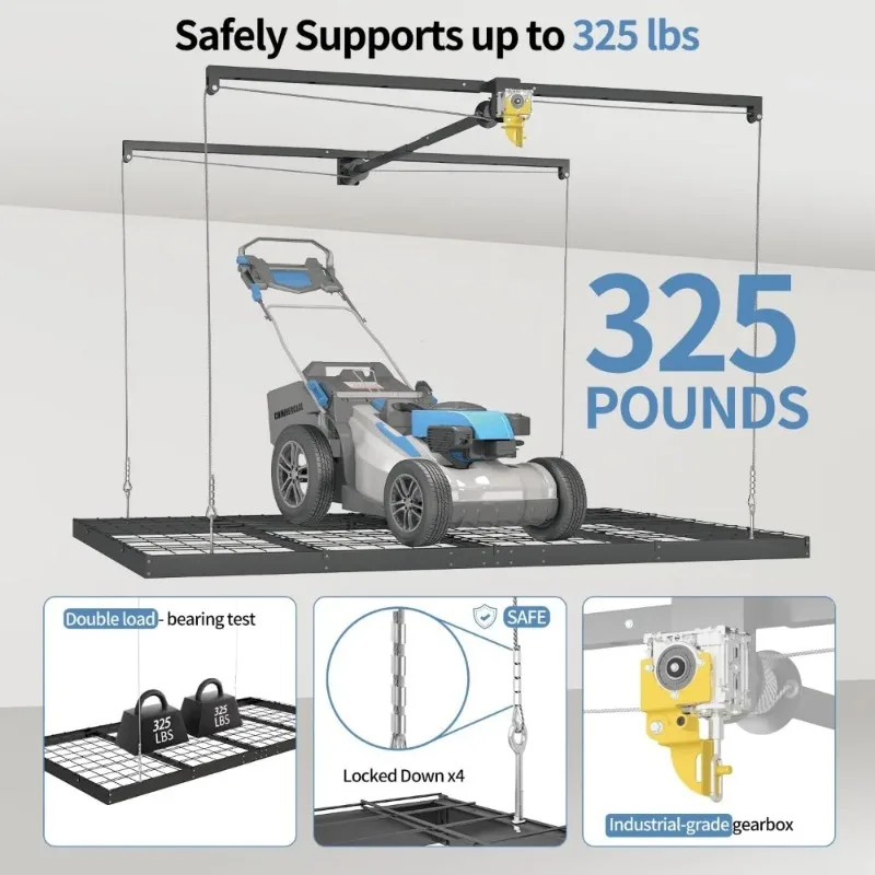 4x8FT Heavy Duty Overhead Garage Storage Rack Lift System 325LBS Ceiling Organizer Space Saving Warehouse Utility Equipment