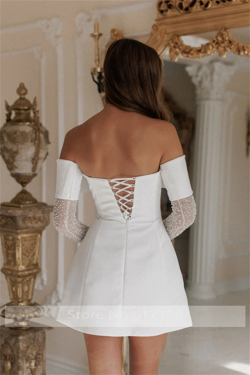Fashion Boat Collar Satin Solid Short Mini Evening Prom Dress Backless Lace up Prom Bridal Gown with Sleeve Customized image 5