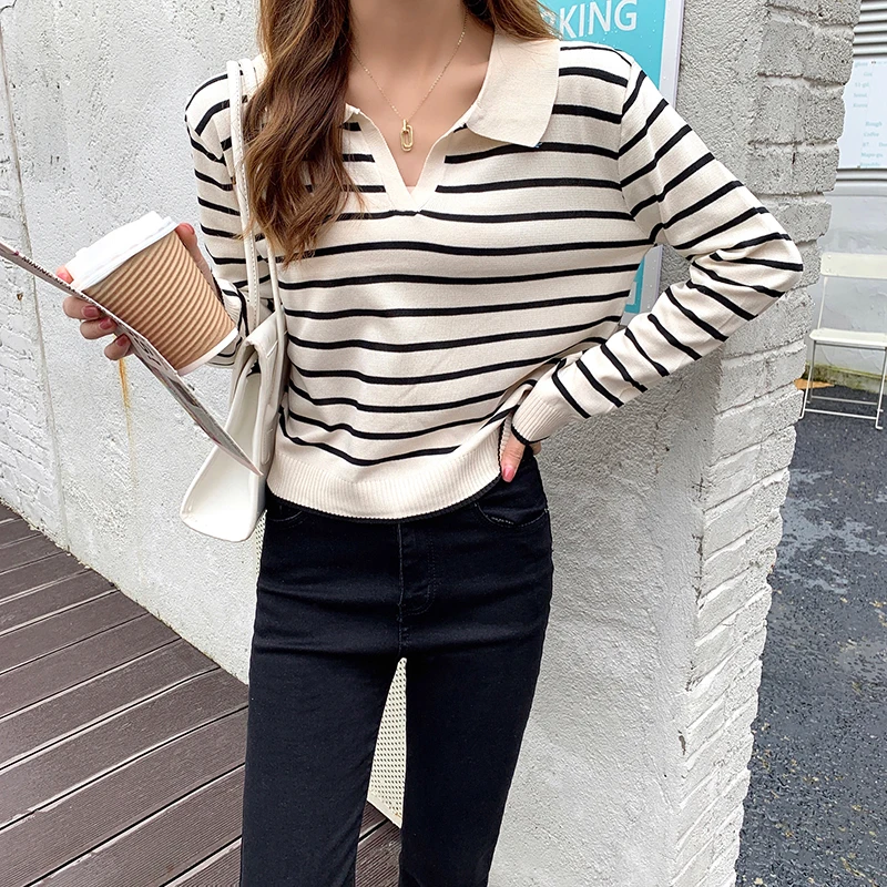 Women Long Sleeve striped all-match Sweater Female Elegant Spring Autumn Casual Tops Korean Style thin Knitted Chic pullovers