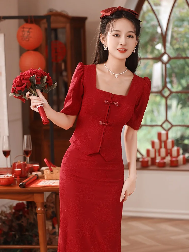 

New 2025 Red Wedding Dr Two-Piece Set for Women ort Sve Slim Fit Vintage Sle Wedding Ceremony Evening Par Dr