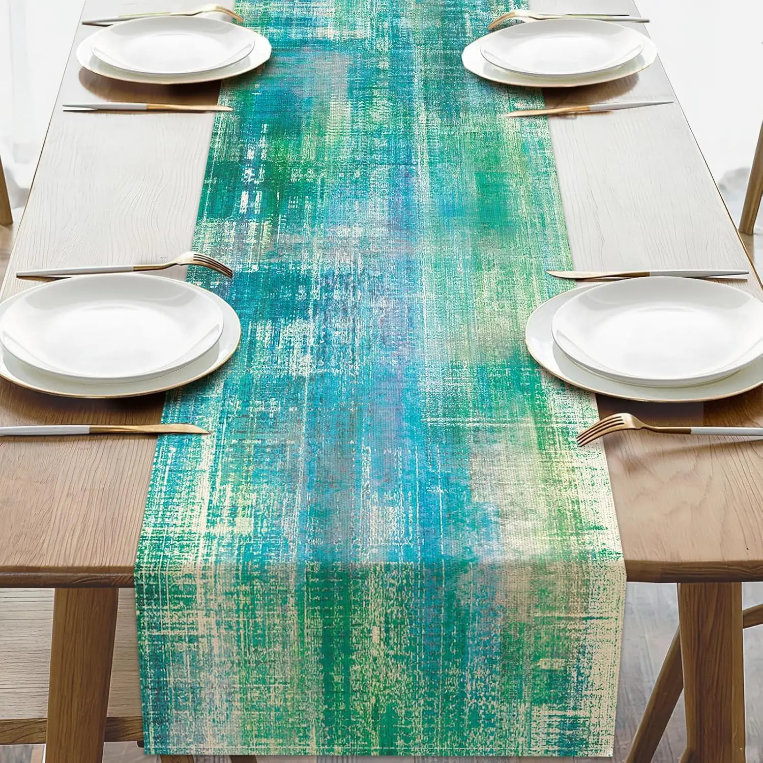 Vintage Turquoise Texture Farmhouse Table Runner, Retro Abstract Wood Grain Burlap Kitchen Dining Table Decor for Outdoor Party