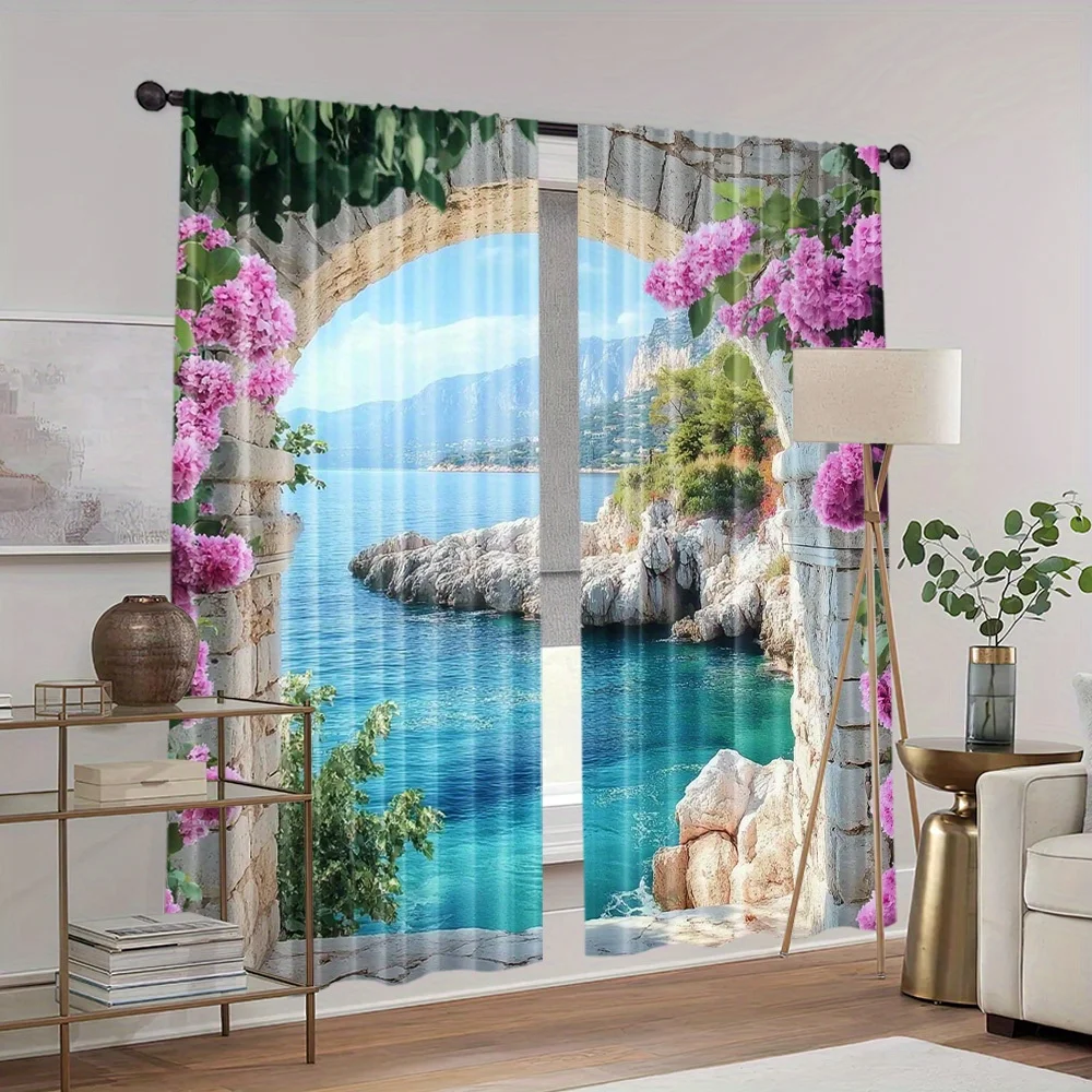Printed Sea View Window Curtains, Stone Arch & Pink Flowers Blackout Drapes for Living Room Bedroom, Mediterranean Home Decor