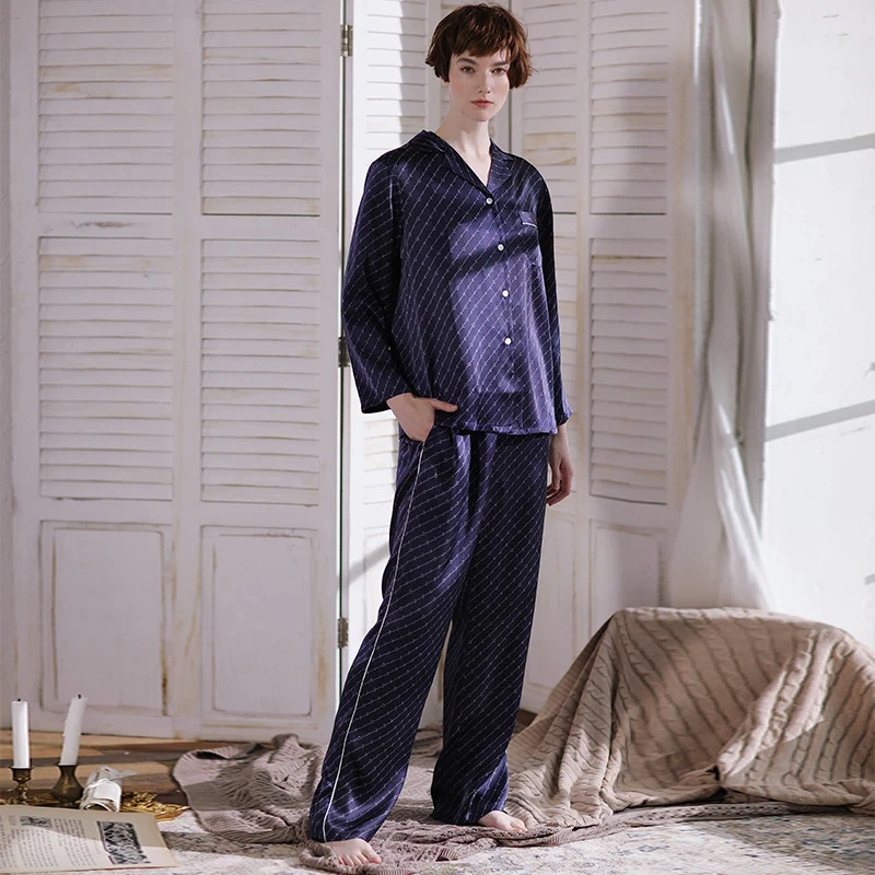

Women's 100% Mulberry Silk Pajamas Set Striped Long Sleeve Loungewear Spring Autumn Sleepwear 2 Piece Outfit Casual Wear Pajama