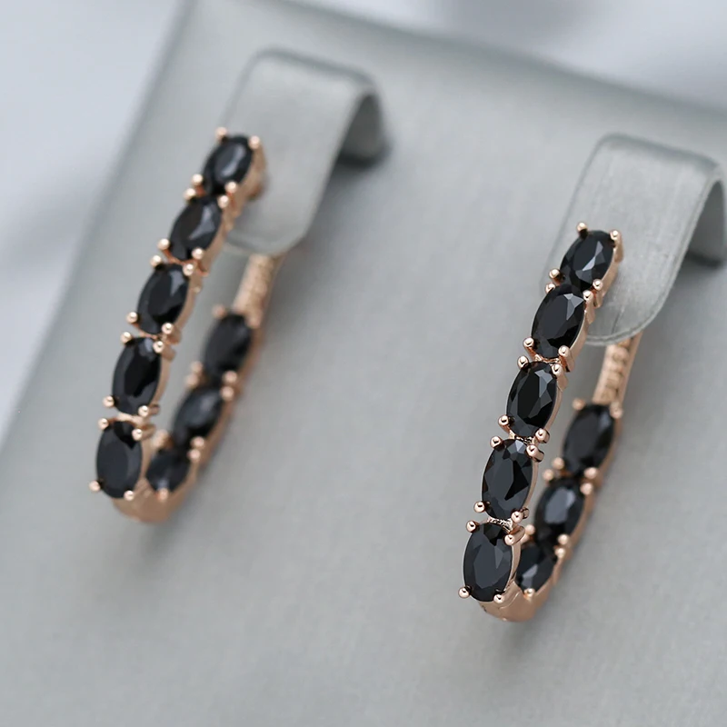 Wbmqda Hot Style Black Stone Long Drop Earrings For Women 585 Rose Gold Color Full Zircon Setting Luksusowa biżuteria modowa Prezenty