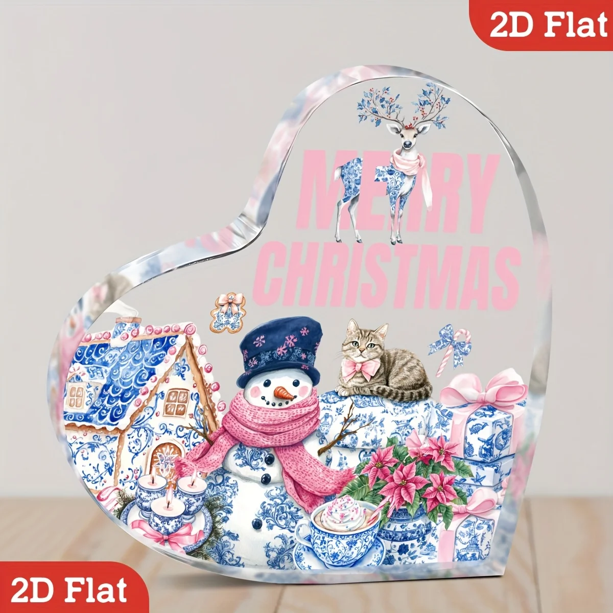Blue and White Porcelain Christmas Fusion Style Heart-Shaped Acrylic Desktop Decorative Ornament, Featuring Blue and White Porcelain Texture with a Deer, Snowman, and Gingerbread House + Soft Pink Contrast Accents + Calico Cat Pattern +