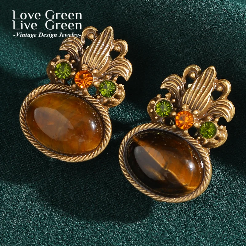 

Vintage Oval Tiger Eye Stone Stud Earrings Luxury Designer Flower Jewelry Elegant Antique Woman Accessories Wedding Party 2025