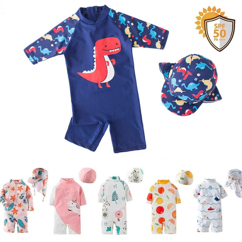 Maillot de bain une pièce à manches longues pour bébé garçon, combinaison de natation à volants, vêtements de bain trempés éventuelles F 50, maillots de bain pour enfants filles de 1 à 7 ans