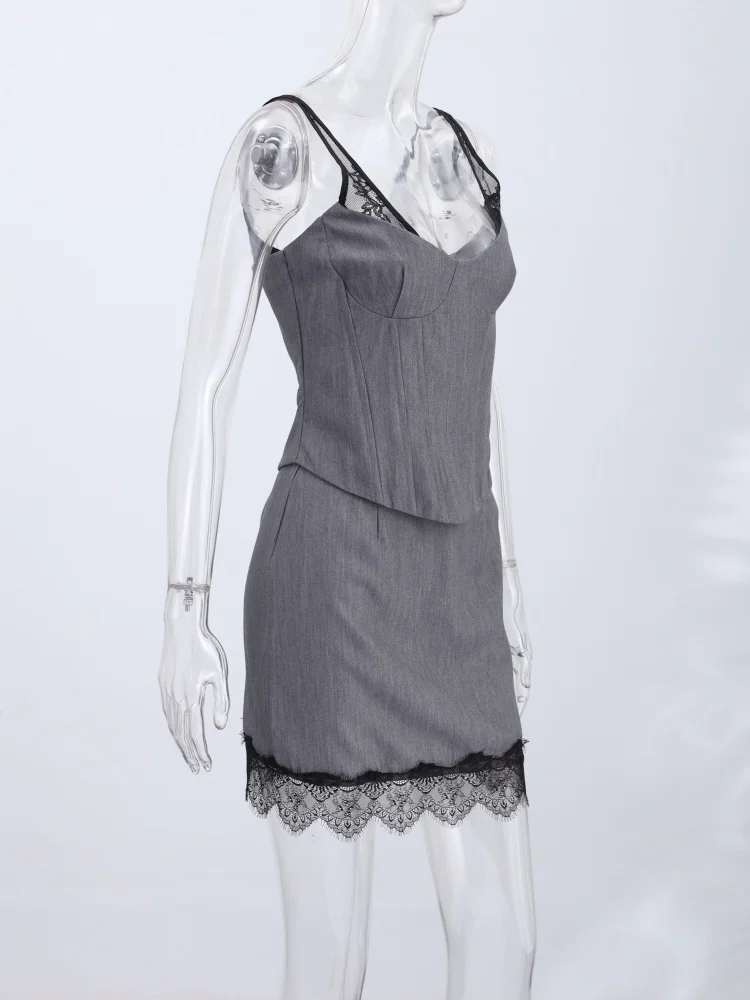 Schickes Sweetheart-Ausschnitt Bustier-Set mit Spitzenbesatz Schulterträger-Korsett-Top und Spitzenbesetzter Minirock für Damen Casual Alltags- und Partykleidung – Detail 3