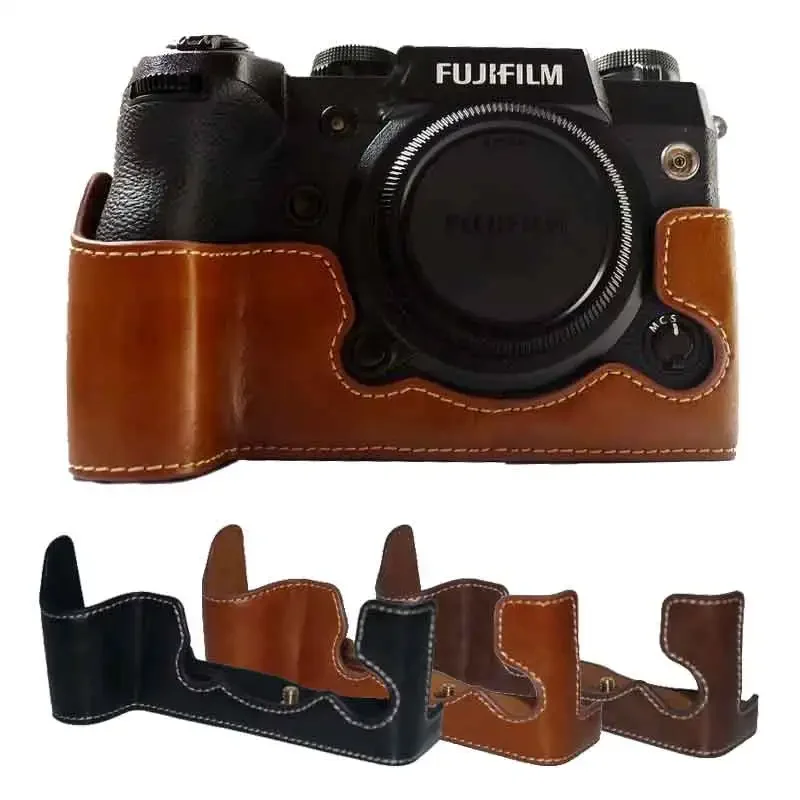 Battery Openning PU Leather Half Body Camera Bag Case For Fujifilm Fuji X-H1 XH1 Bottom Cover with Strap Optional