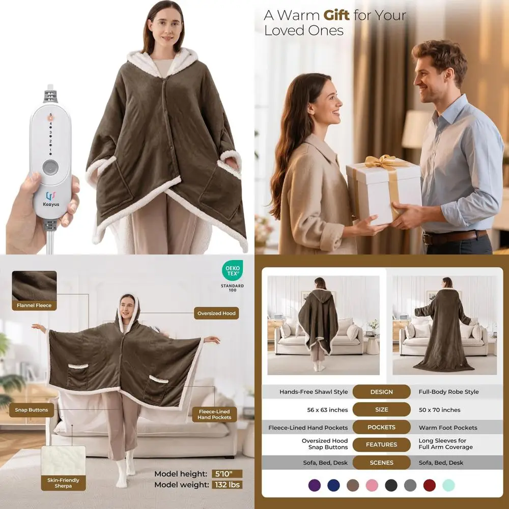 

Одеяло с подогревом, 5 режимов, с капюшоном и карманами, автоматическое отключение, моющееся, унисекс, коричневое, 56x63