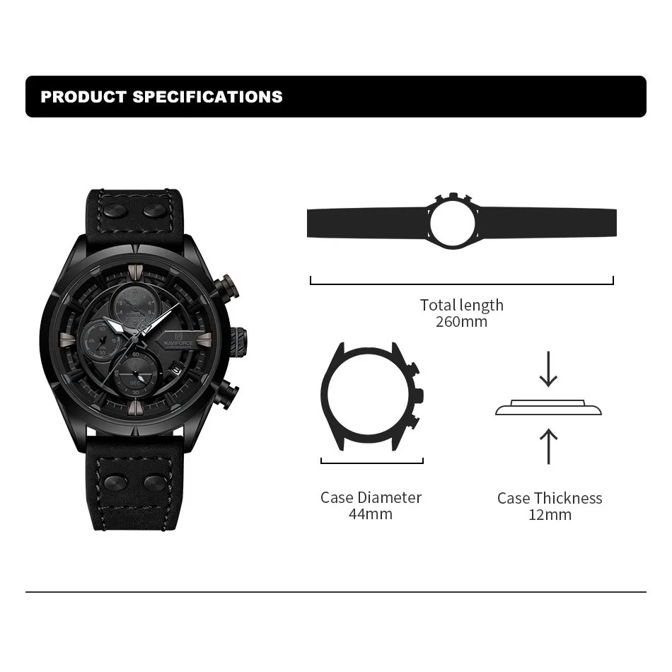 NAVIFORCE Men Watch Waterproof Genuine Leather Strap Military Sport 1/10 Second Chronograph Date Quartz Wristwatch Reloj Hombre