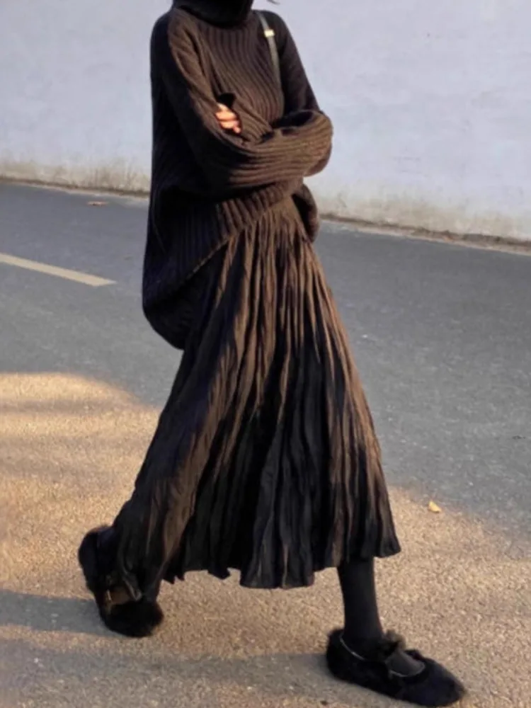 

New Arrival 2025 Women's Autumn Winter Solid Color Trendy Pleated Midi Skirts Female Korean Style High Waist Faldas