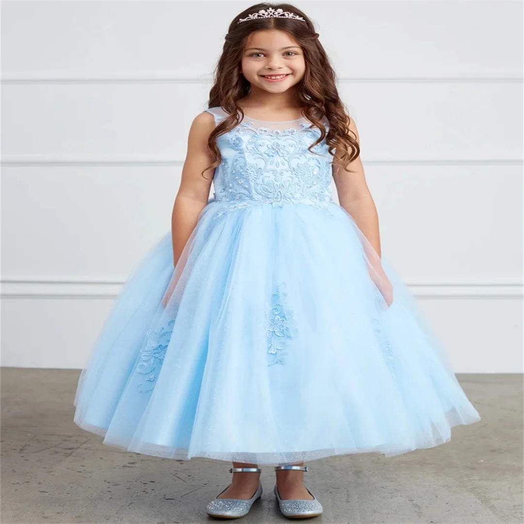 

Customized Sky Blue Flower Girl Dress Tulle Floral Appliques Sleeve For Wedding Birthday Evening Prom Banquet Princess Gown