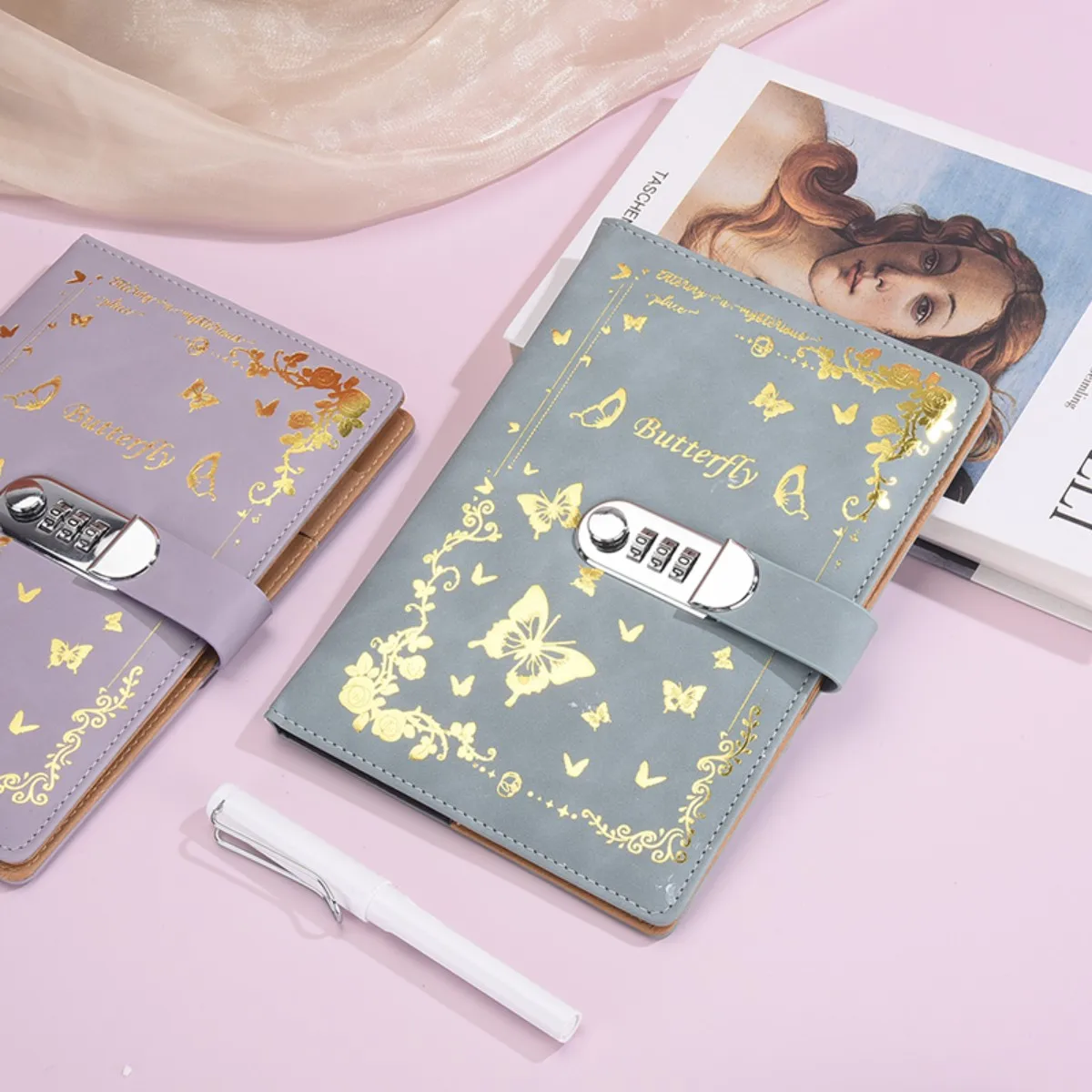 One A5PU 100 sheets/200 pages notebook, vintage password book with lock, diary clip, thickened creative manual ledger, student n