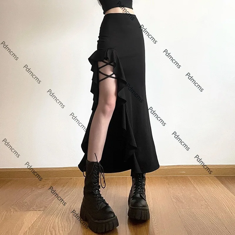 

2025 новый сексуальный женский стиль в европейском и американском стиле, летняя одежда, черная, милая, крутая, средняя и длинная юбка с разрезом по бокам