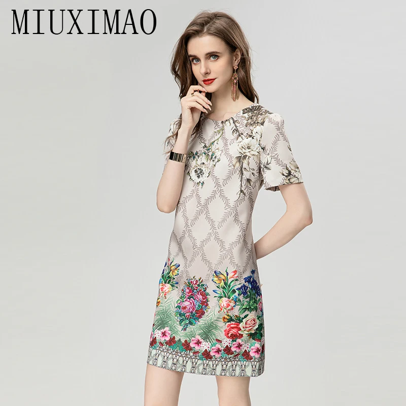 

MIUXIMAO 2024 Fashion Designer SUMMER Women's Dresses O-Neck Collar Leaf Printing Print Floral Office Lady A-LINE Dress