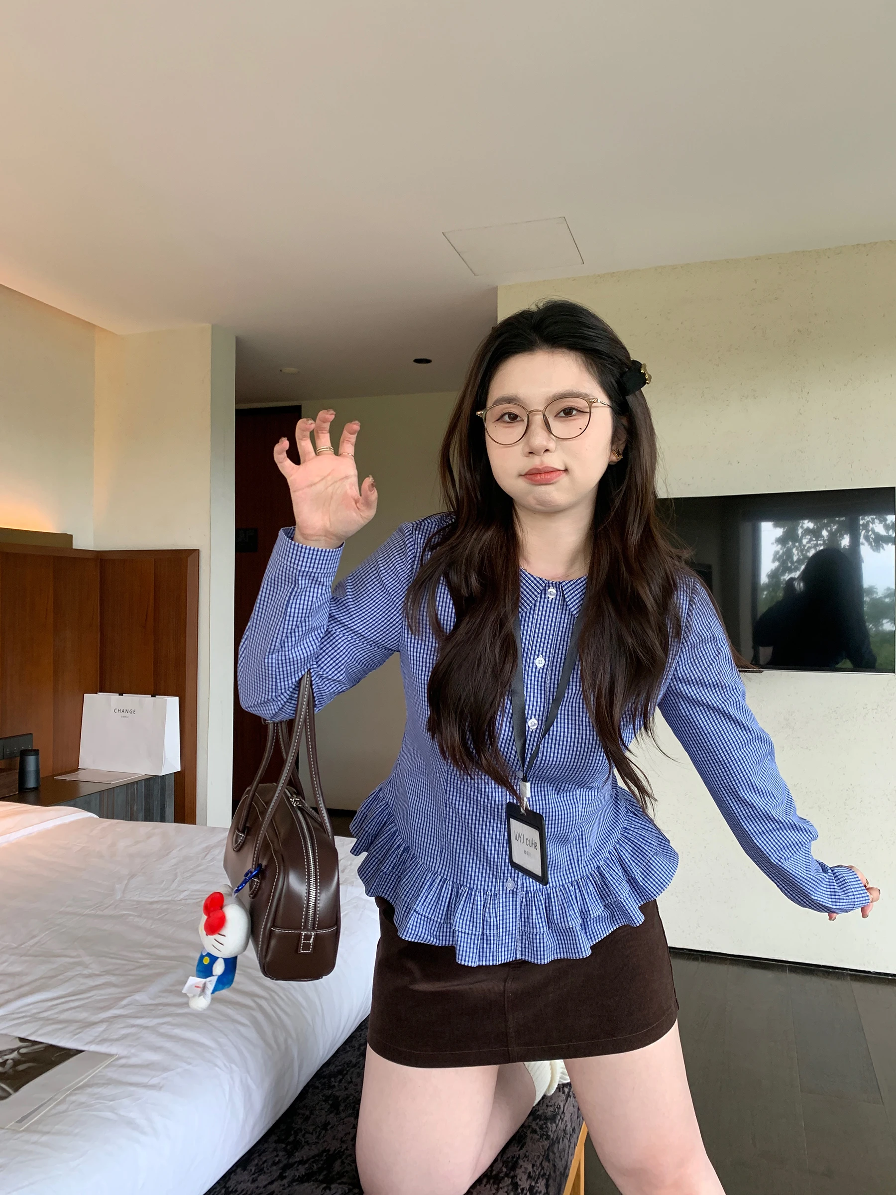 

Blue Plaid irt Waist Inward Long Sve Doll Collar Lace Trim Top for plus Size Girls Cotton Blend Resistant to Deformation