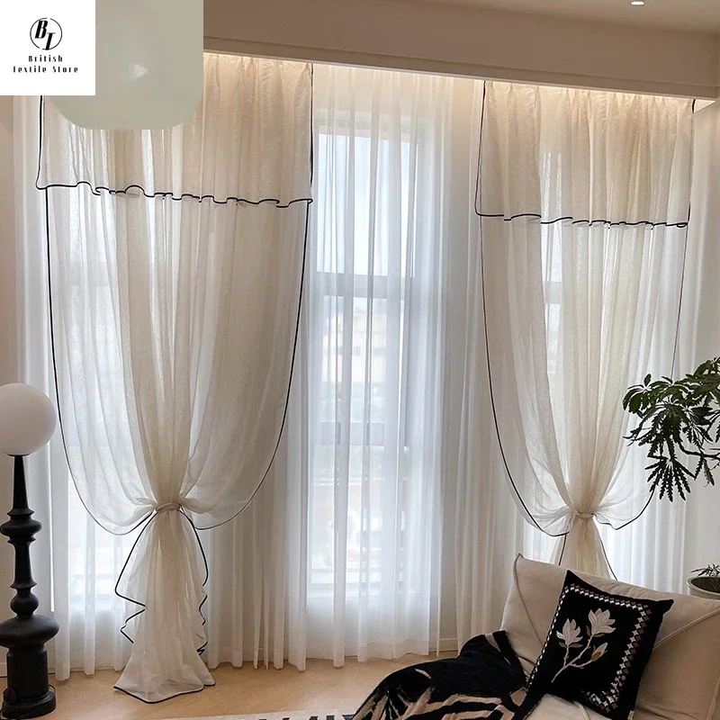 Retro Cream Linen White Tulle Sheer Curtains for Living Room Luxury Bedroom Dining Balcony Black Edge Blackout Gauze Window Door