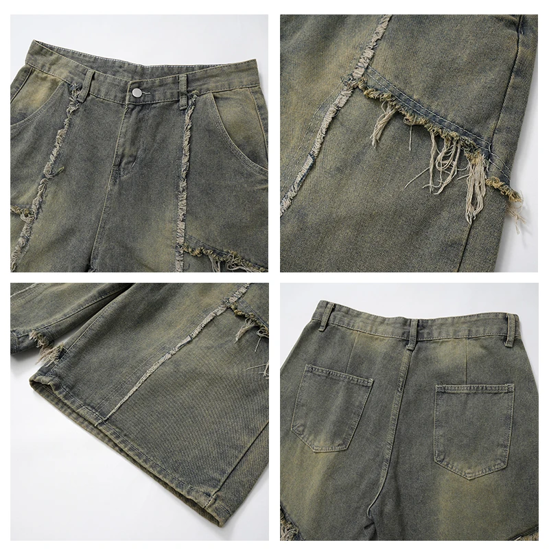 شورت دينم رجالي رائع على الطراز الأمريكي مظهر مهترئ فضفاض بقص مستقيم بخمس دقائق للشباب موضة الصيف