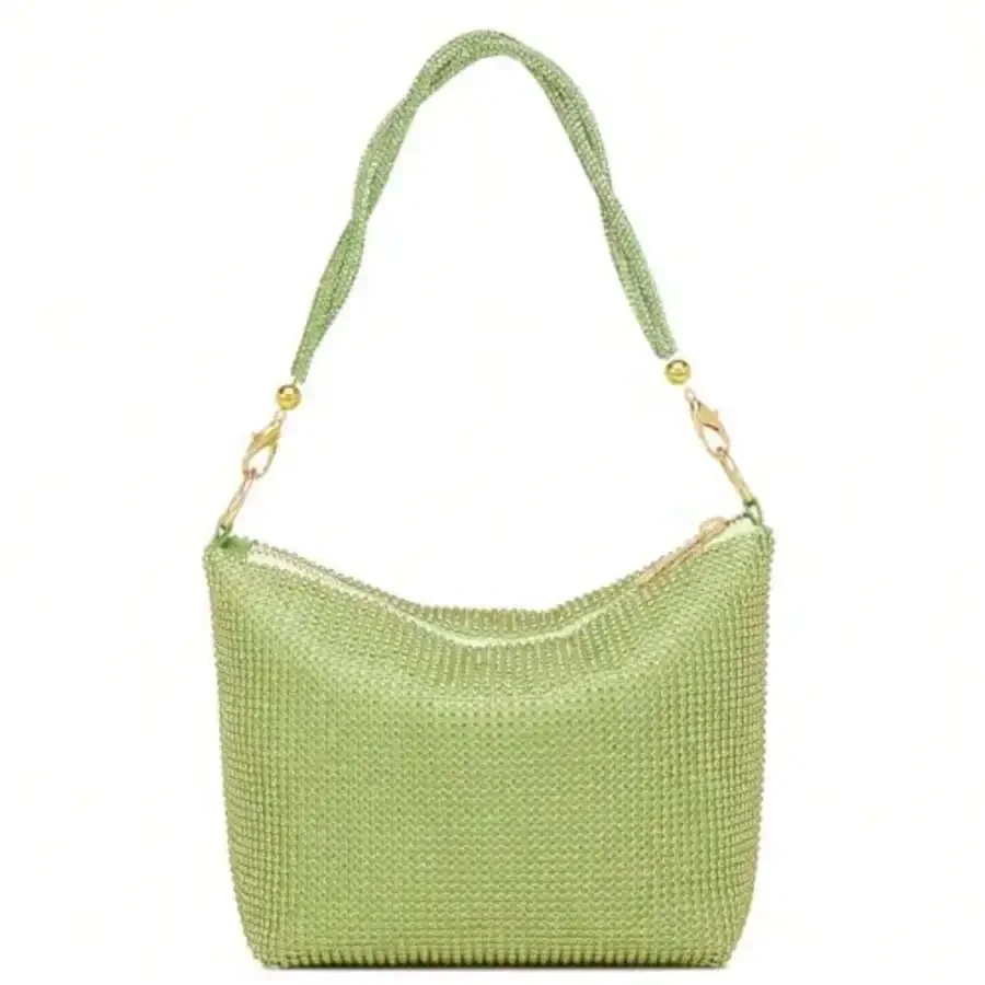 

Green Shiny Mesh Evening Clutch Bag With Double Helix Handle For Party Wedding