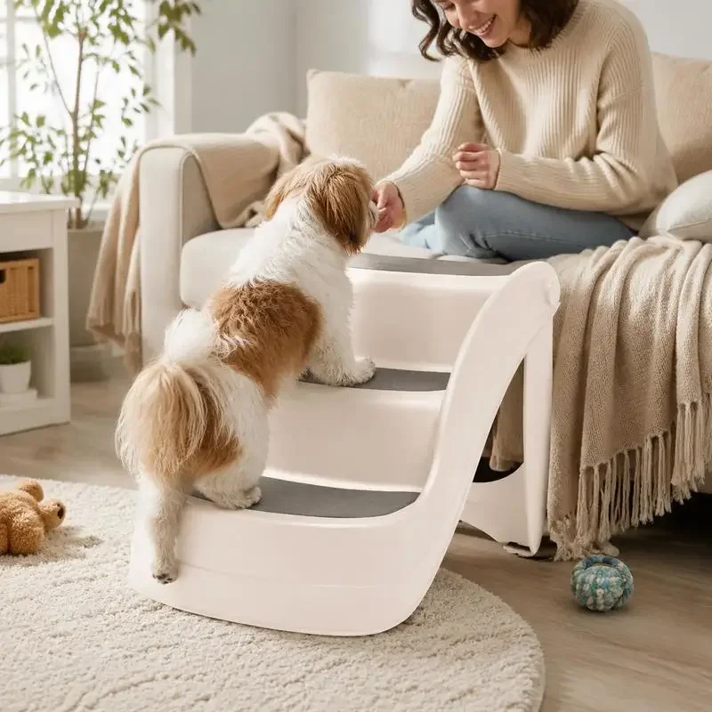 Escalier pliable pour chien 50x38x38 cm, couleur crème, à 3 marches, marche antidérapante pour chien et chat, marchepied pour animaux en plastique, rampe d'accès pour canapé, lit, voiture, accessoire pour animaux de compagnie facile à ranger
