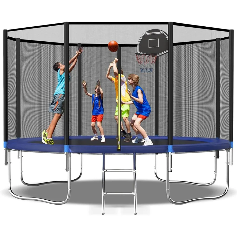 Trampolín de 10 pies, 12 pies, 14 pies, 16 pies para adultos con red de seguridad, trampolín recreativo para patio trasero al aire libre con baloncesto