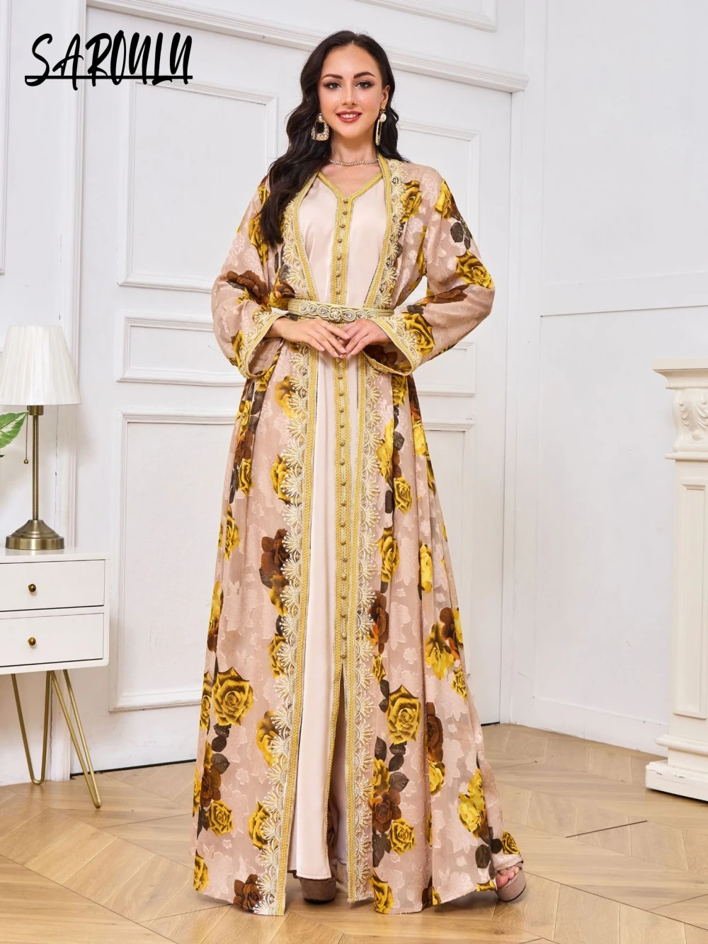 Fashion Embroidery Dubai Evening Dress Printed Cardigan Two-piece Set Kaftan Prom V Neck A Line Plus Size Party Robe Customized