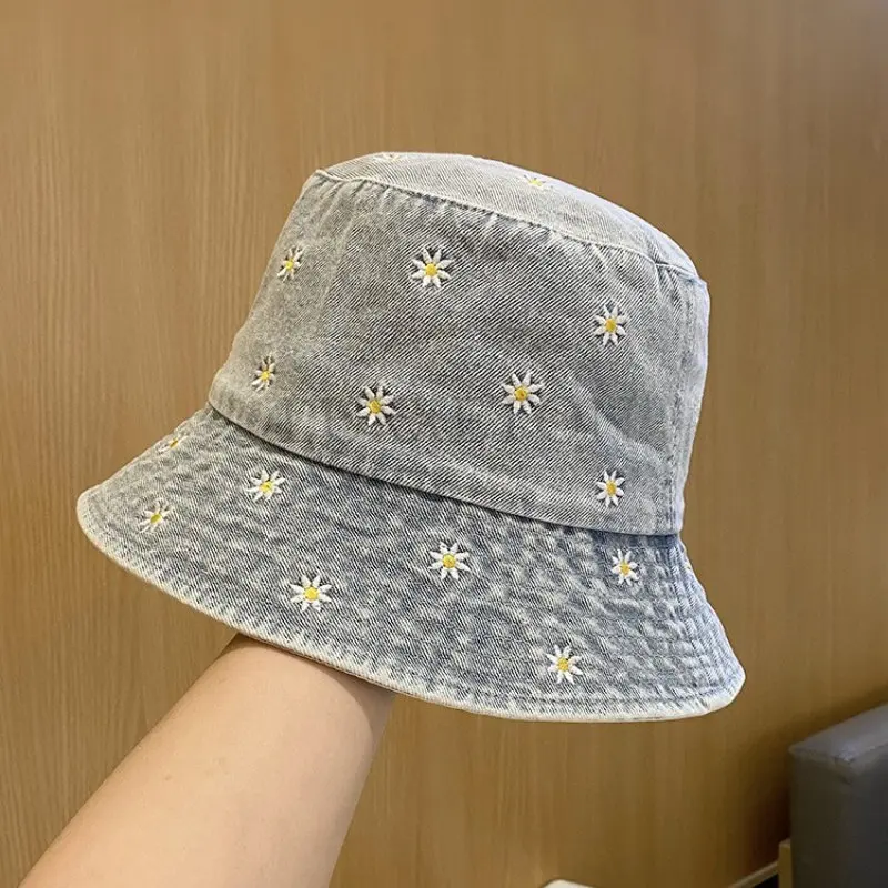 Spring Denim Cartoon Flower Embroidery Bucket Hat Fisherman Hat Outdoor Travel Sun Cap For Girl And Women