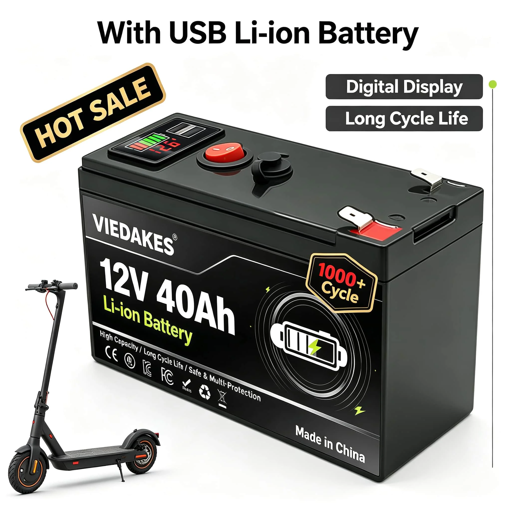 VIEDAKES 12V 20Ah Rechargeable Li-ion Battery, USB Port Design, Built-in Safety Protection for Small Power Equipment