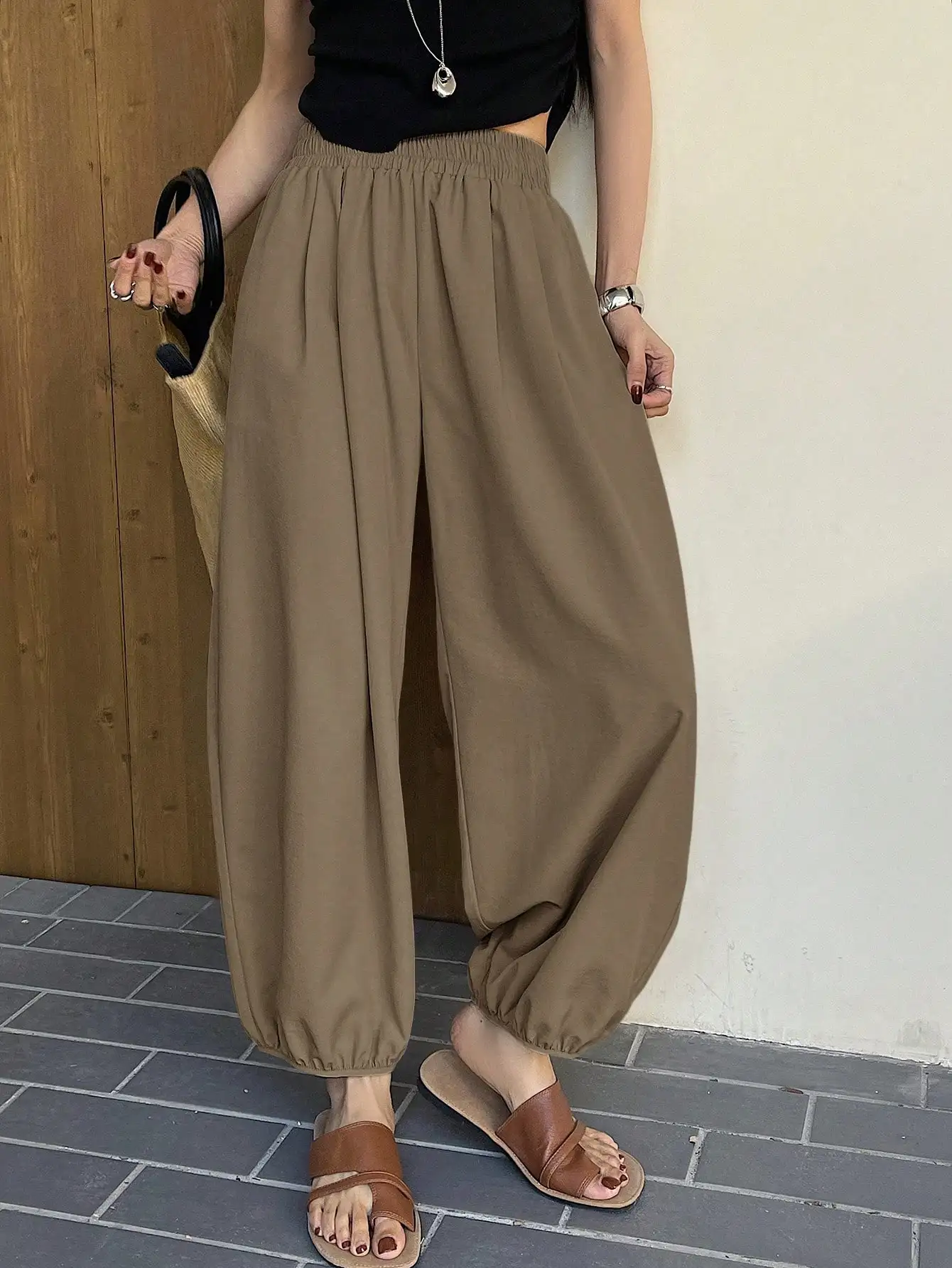 

Женские однотонные укороченные брюки с широкими штанинами, повседневный расслабленный стиль, летние