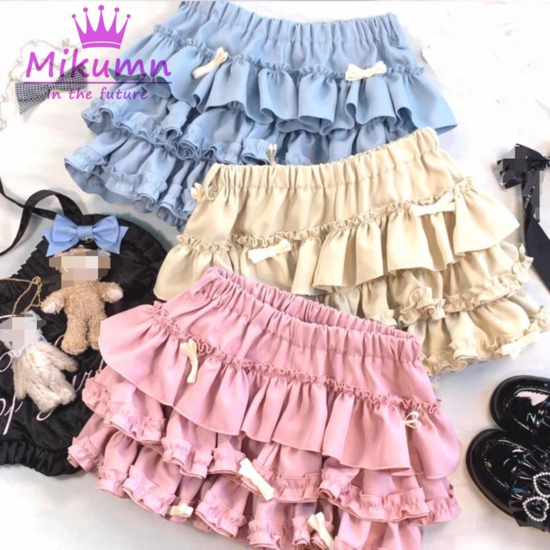 Mikumumal ROK MINI จับจีบฮาราจูกุแนวหวานๆสไตล์ญี่ปุ่นน่ารักๆเอวยางยืดมีโบว์กระโปรงมินิสเกิร์ตฟูกระโปรงเค้กน่ารักโลลิต้า