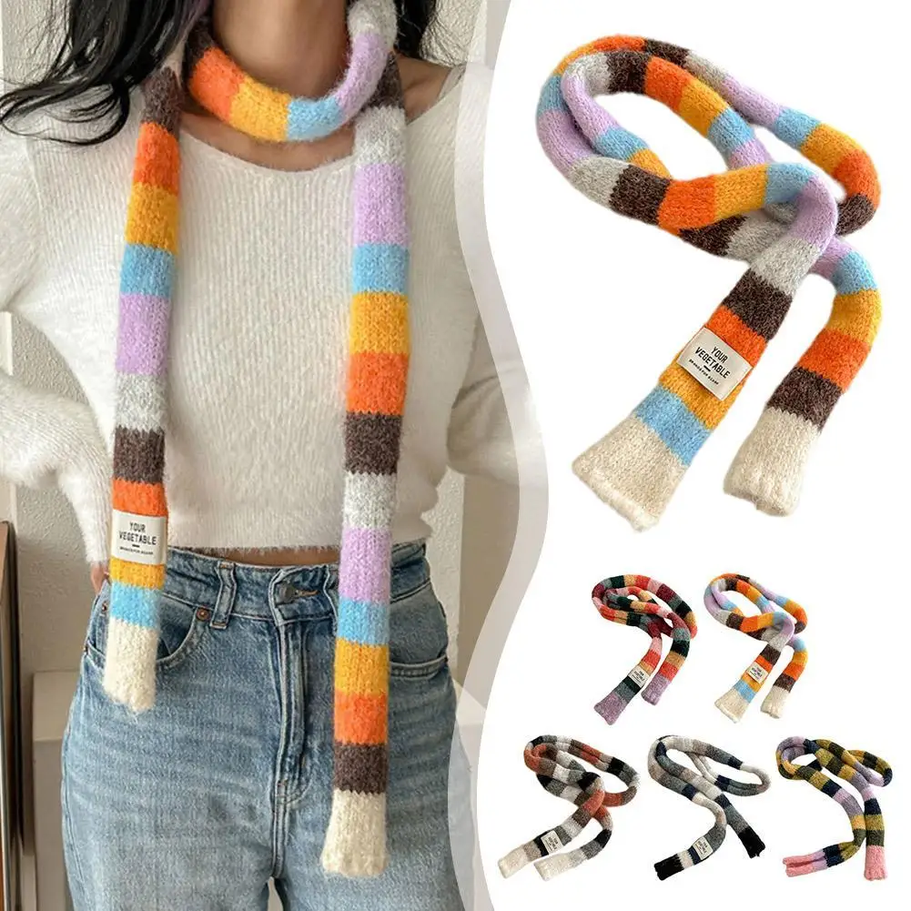 2024 Women's Color Block Knitted Wool Scarf Warm and Stylish Contrasting Striped Narrow Snood for Femme Sweet and Cool