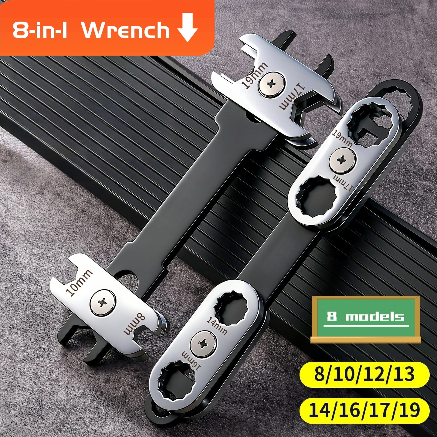 Automotive Repair Wrench, Manual Combination Adjustable Open-End Wrench Portable Multi-Size 360-Degree Rotatable 8-in-1 Adjustab