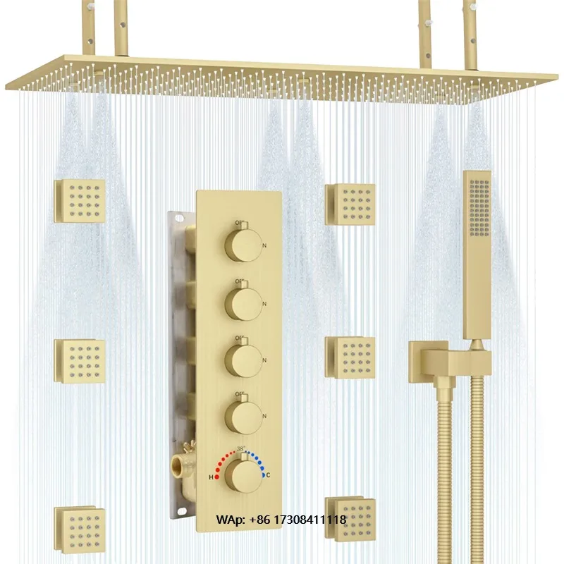 Apartment brass spool bathroom combination system brushed gold thermostatic indoor shower faucet set