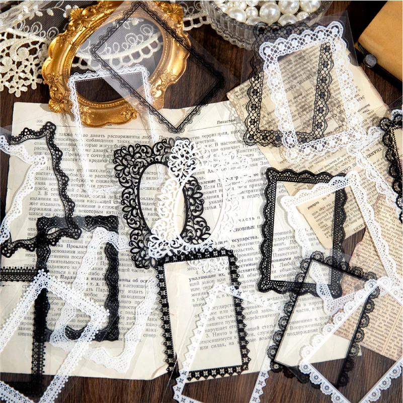 Journal GO 20pcs Lace Sticker Junk Journal Supplies Vintage Lace Frame Stickers Vintage DIY Decorative Craft Scrapbooking Labels