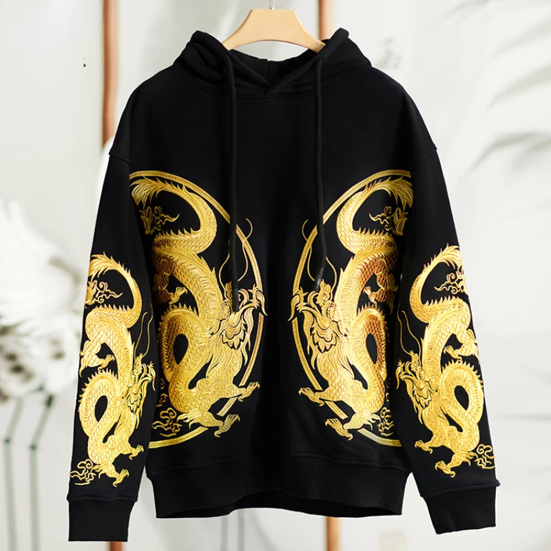 NEW high-end Golden Dragon Xianrui Chinese Style Sweatshirt Golden Dragon Robe Embroidered Hooded Sweatshirt Men Autumn Winter