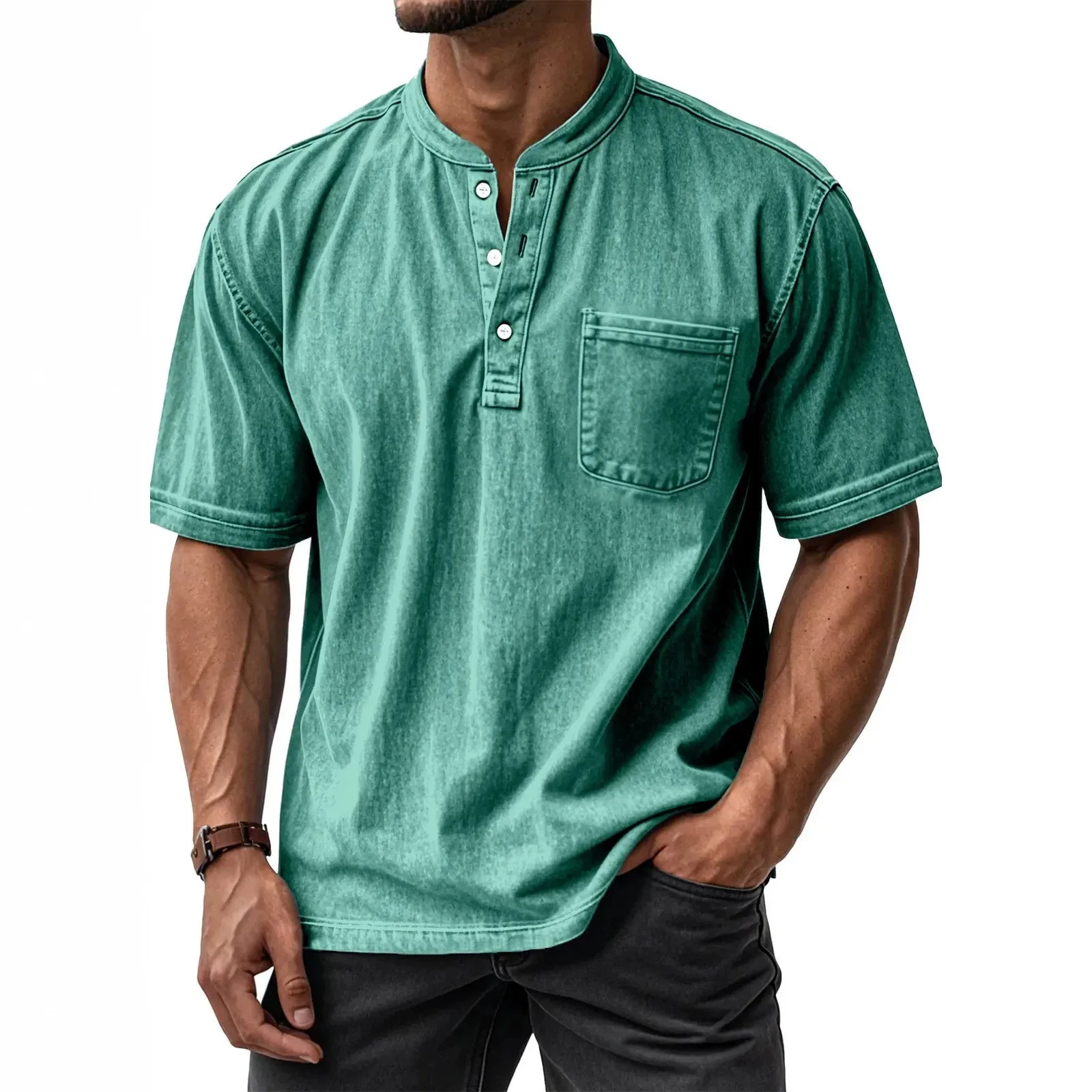 Immagine 5: Camicia Casual a Maniche Corte, Vestibilità Ampia, Stile Casual Leggero e Maturo, con Stampa Estiva, Tasca, Colletto Polo, per Uomo