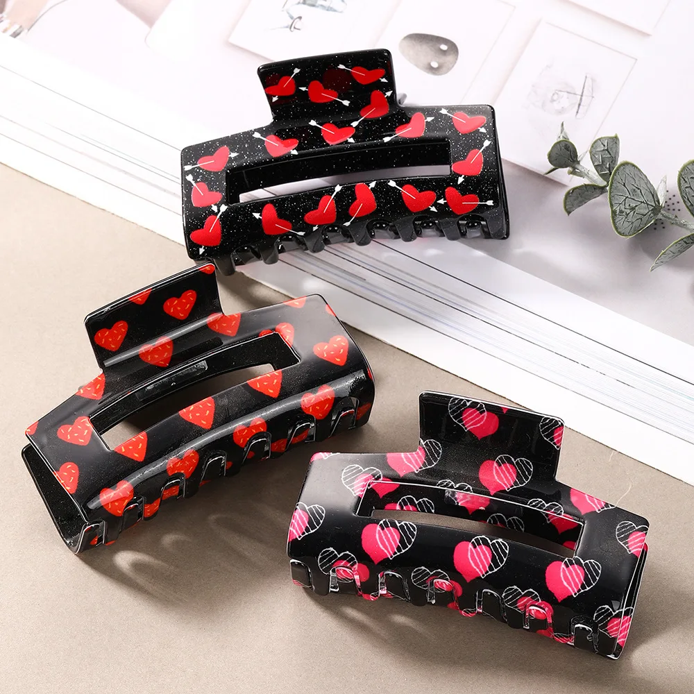Valentine Red Heart Print Hair Claw Clips For Women Rectangle Large Shark Hair Clamp Non‑Slip Strong Hold Hair Jaw Barrette Girl