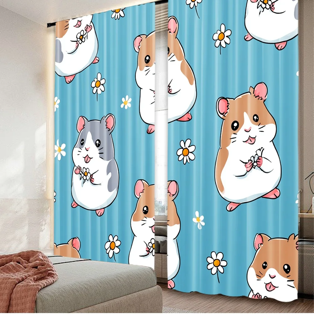 2D flat printing 2pcs Party Window Curtains Cute Coon Hamsters Play Digital Printed Polyester Drapes Family Party for Classroom