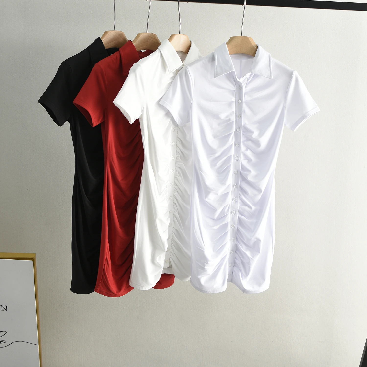 Women's Slim Fit Shirt Dress with Pleated Design Summer Short Sleeve Single Button High Elasticity White Dress Breathable Sof...