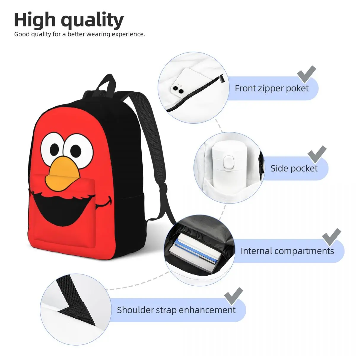 S-Sesame Street Elmo Classical Backpack Durable High School Work Cartoon Comedy Daypack for Men Women Laptop Canvas Bags