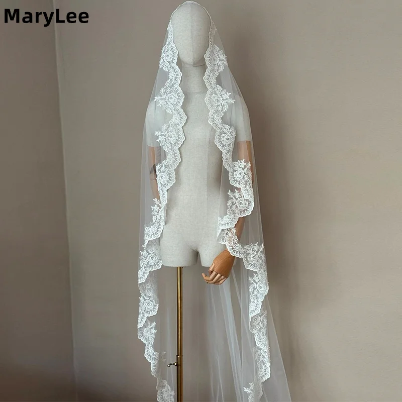 Customized Mantilla Lace Edge Wedding Veil 1 Tier Soft Tulle Bride Long Veil Ivory Wedding Accessories Chapel Wedding Veils
