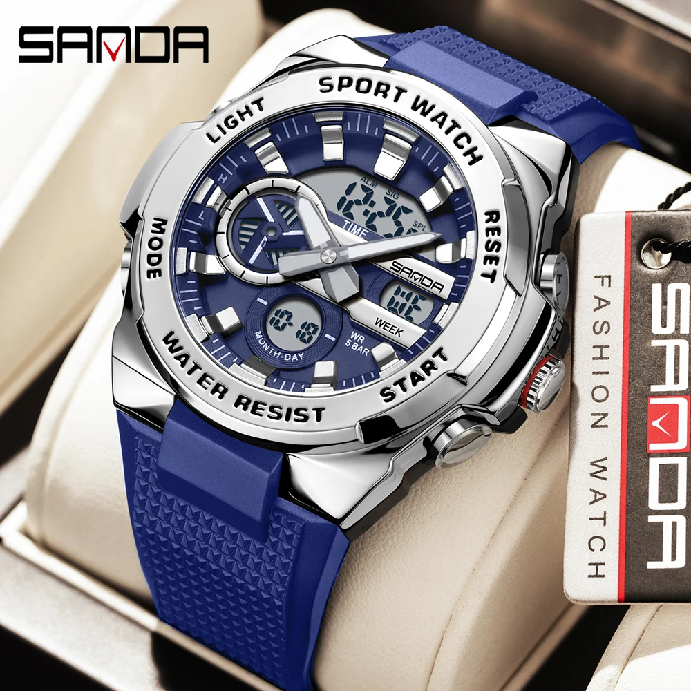 

SANDA 3385 Мужские электронные часы Спортивные многофункциональные часы с двойным дисплеем Водонепроницаемые ночные часы-будильник Студенческие электронные часы