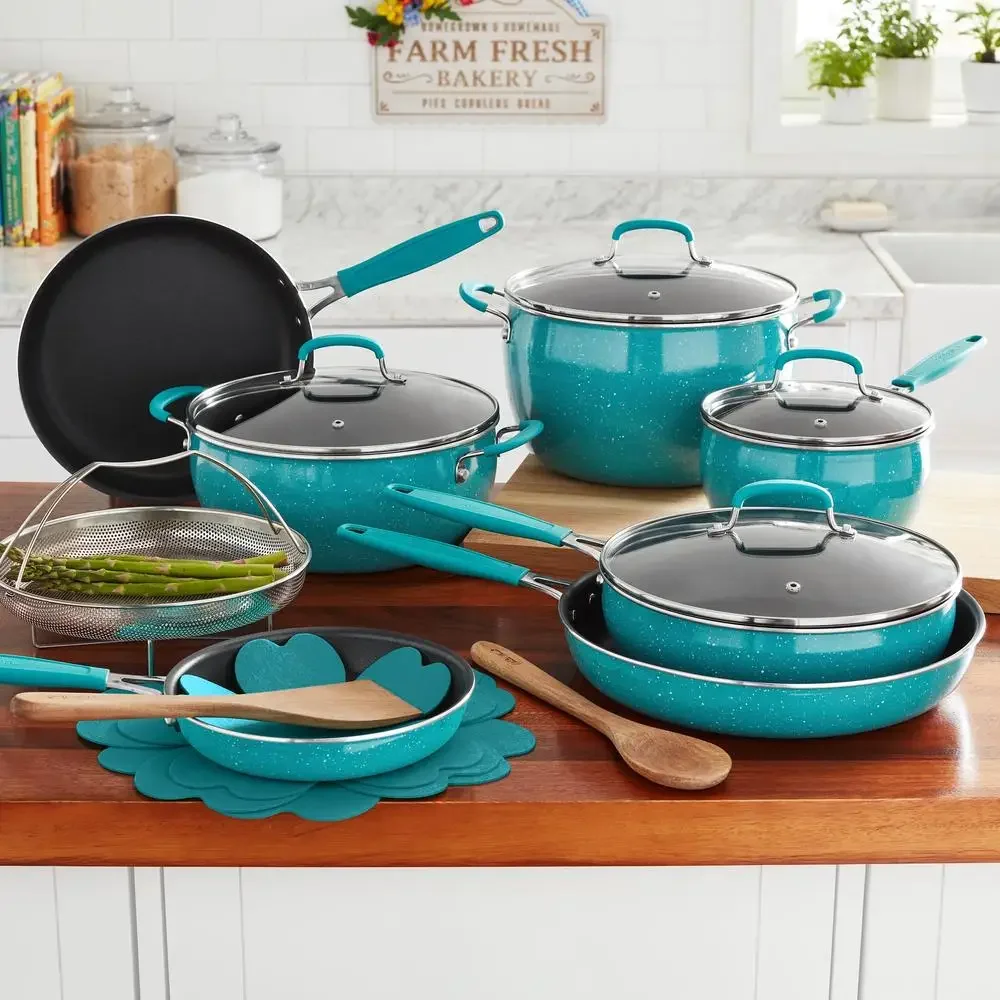 Frontier Speckle 18-Piece Aluminum Cookware Set Teal Nonstick Silicone Handles Stainless Steel Brackets Country Kitchen Cooking