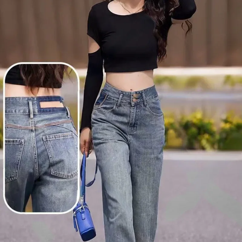 Imagem -06 - Calças de Cintura Alta com Bolsos Femininos Calça Jeans Azul Shot Calças de Perna Reta Emo Elegante Legal Gyaru Anos 90 xs