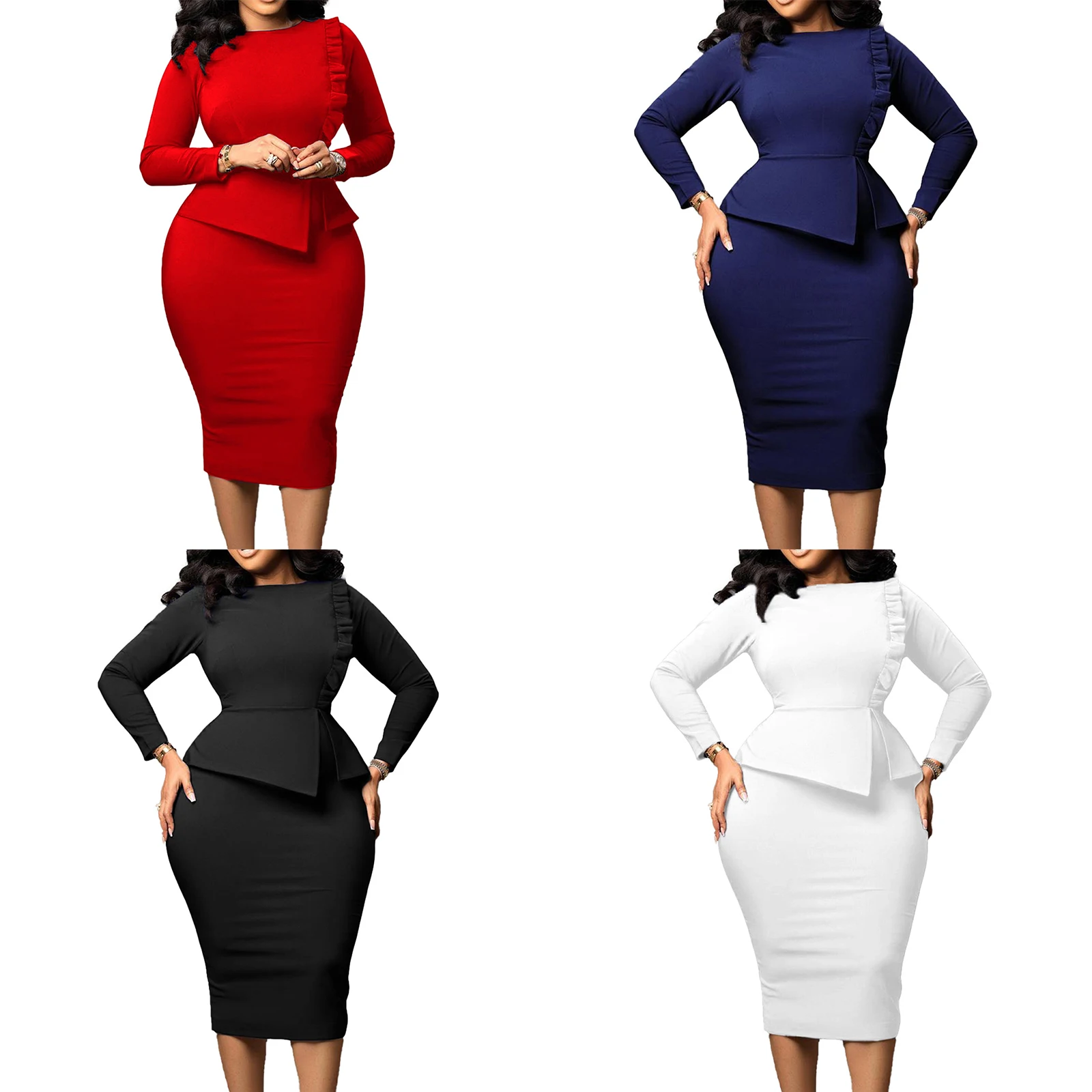 Womens Elegant Ruffles Pencil Dress Long Sleeve Slim Fit Asymmetrical Peplum Hip Wrap Midi Dress for Office Cocktail Party