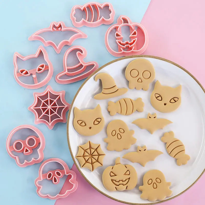 8Pcs Halloween Cookie Cutters 3D Pressable Biscuit Mold Pumpkin Ghost Skull Bat Black Cat Spider Web Fondant Baking Tools