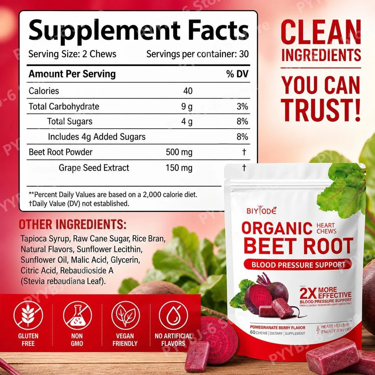 Organic Beet Root Gummies 500mg with Grape Seed Extract 150mg for Energy Endurance Circulation and Antioxidant Support 60 Chews