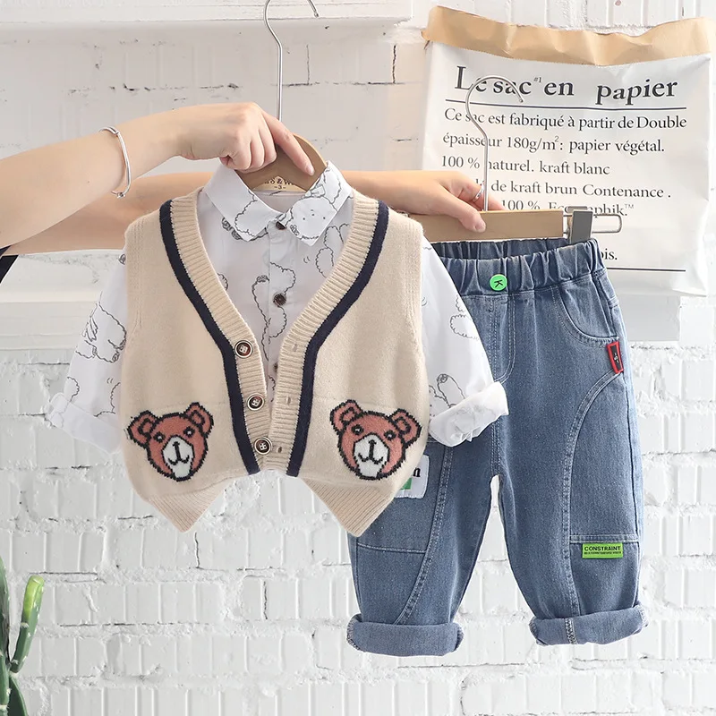 

Baby Boy Designer Clothes Set 2024 Fall Single Breasted Knitted Sweater Vest + Shirts + Pants Tracksuits for Kids Boys Outfits